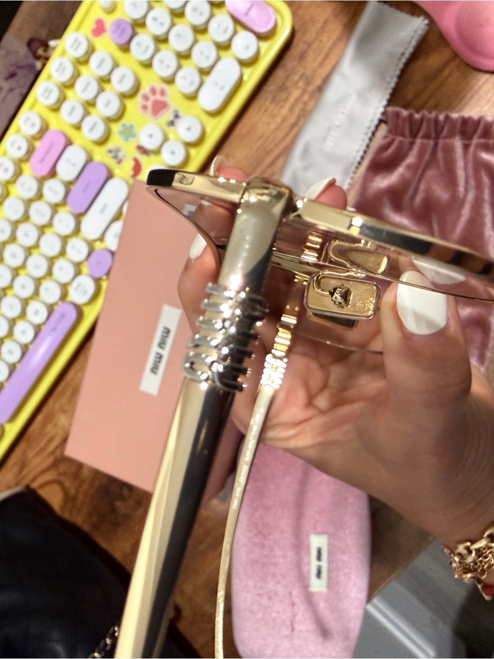 Miu Miu Gold Metal Aviator Sunglasses with Pink Lenses - Picture 7 of 9